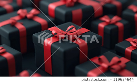 A row of black boxes with red bows on top. 119684644