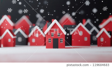 A red house is the center of a snowy landscape with many other houses surrounding it. 119684683