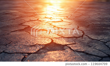 A cracked and broken pavement with the sun shining on it 119684709