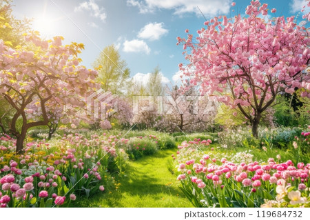 A beautiful garden with a tree in the middle and a lot of flowers 119684732