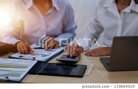 Business Documents, Auditor businesswoman checking searching document legal prepare paperwork or report for analysis TAX time,accountant Documents data contract partner deal in workplace office 119684920