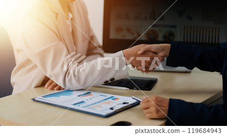 Business Documents, Auditor businesswoman checking searching document legal prepare paperwork or report for analysis TAX time,accountant Documents data contract partner deal in workplace office 119684943
