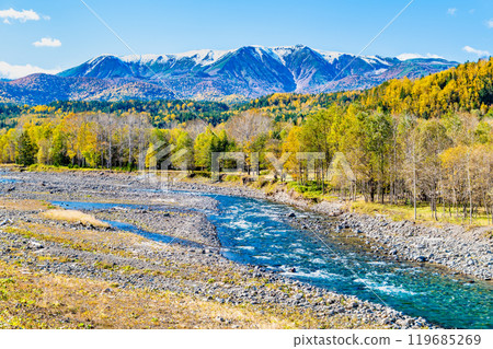 Hokkaido: Ishikari River with yellow leaves and snow-capped Mount Daisetsu 119685269