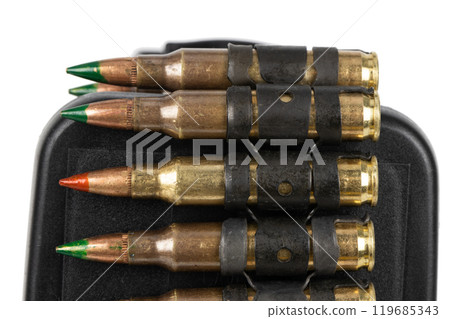 5.56 mm ammunition belt with cartridges in ammunition box 5.56 mm ammunition belt with cartridges in ammunition box 119685343
