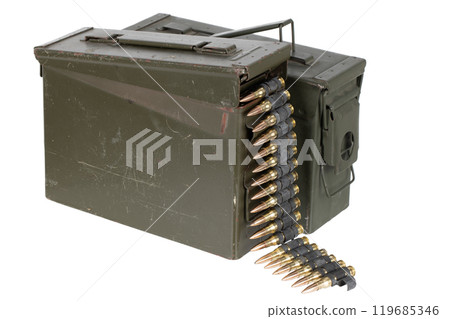 7.62 mm ammunition belt with cartridges in ammunition can 119685346
