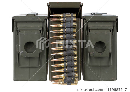 7.62 mm ammunition belt with cartridges in ammunition can 119685347