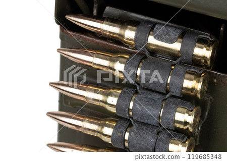 7.62 mm ammunition belt with cartridges in ammunition can 119685348
