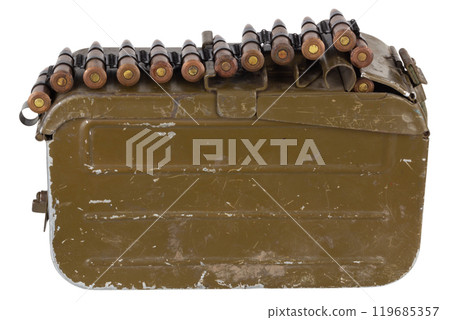 Ammo box with ammunition belt and 7.62 mm cartridges for kalashnikov PK or PKM machine gun isolated on white. 119685357