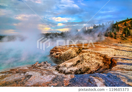 Excelsior Geyser in the Midway Geyser Basin of Yellowstone National Park. UNESCO world heritage in Wyoming, United States 119685373