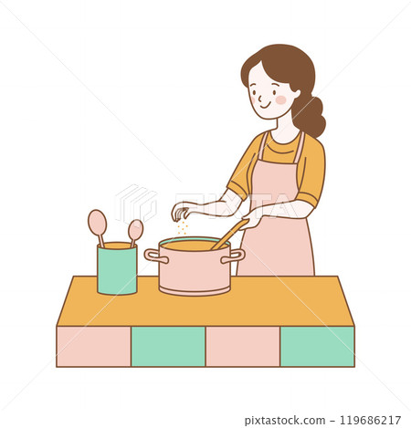 Cute Girl Cartoon Character is Cooking with Pan in Kitchen Cute Girl Cartoon Character is Cooking with Pan in Kitchen 119686217