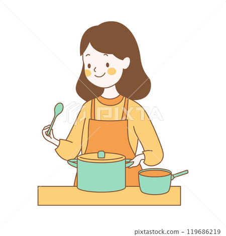Cute Girl Cartoon Character is Cooking with Pan in Kitchen 119686219