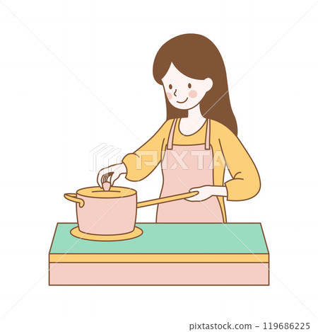 Cute Girl Cartoon Character is Cooking with Pan in Kitchen 119686225