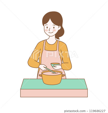 Cute Girl Cartoon Character is Cooking with Pan in Kitchen 119686227