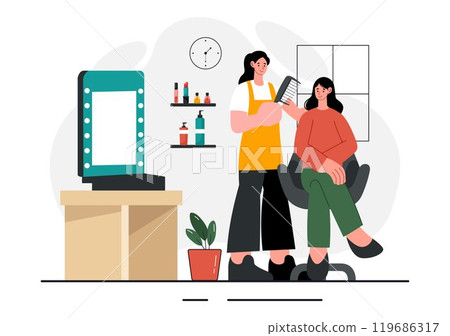 Beauty and Makeup School Vector Illustration featuring Various Cosmetic Products and Beautiful Girls Learning to Apply Make up in a Background 119686317