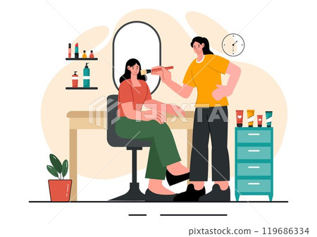 Beauty and Makeup School Vector Illustration featuring Various Cosmetic Products and Beautiful Girls Learning to Apply Make up in a Background 119686334