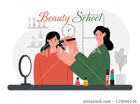 Beauty and Makeup School Vector Illustration featuring Various Cosmetic Products and Beautiful Girls Learning to Apply Make up in a Background 119686336