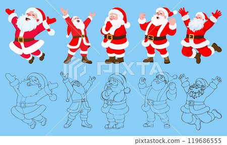A group of Santa Clauses expresses joy by jumping, raising their hands, and praying. Flat illustration and line art. Vector illustration eps10 119686555