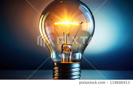 The light source. An incandescent lamp with a base is lit on a dark background 119686913