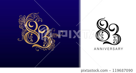 83rd years anniversary celebration logotype with golden colors and floral elements for greeting cards, birthday invitations, Wedding anniversary, banner and celebration company or business corporates 83rd years anniversary celebration logotype with golden colors and floral elements for greeting cards, birthday invitations, Wedding anniversary, banner and celebration company or business corporates 119687090