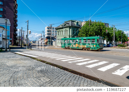 [Hakodate, Hokkaido] A view of downtown Hakodate. A streetcar running. 119687227
