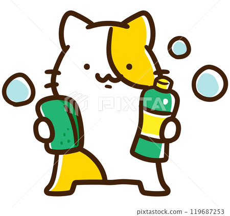A deformed illustration of a cute cat character holding a sponge and detergent 119687253