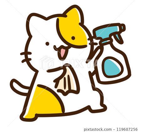 A deformed illustration of a cute cat character cleaning with a spray and cloth 119687256