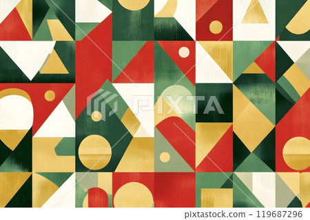 Festive geometric pattern featuring vibrant red, green, and gold shapes inspired by the holiday season. Holiday decoration concept Festive geometric pattern featuring vibrant red, green, and gold shapes inspired by the holiday season. Holiday decoration concept 119687296