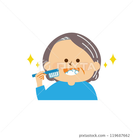 Brushing teeth, bad breath care, elderly woman, cute illustration 119687662