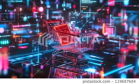 Cart overflowing with exciting deals highlighted by glowing tags and countdown timers in a colorful shopping space. Retail concept 119687684