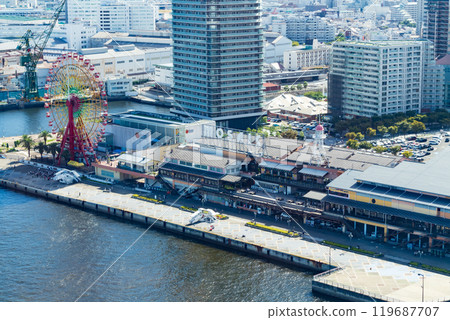 Kobe from above, mosaic and ferris wheel Kobe from above, mosaic and ferris wheel 119687707