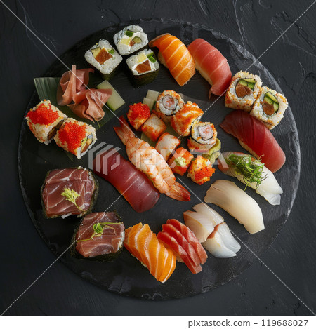 A Plentiful Assortment of Sushi and Sashimi on a Black Slate Plate 119688027