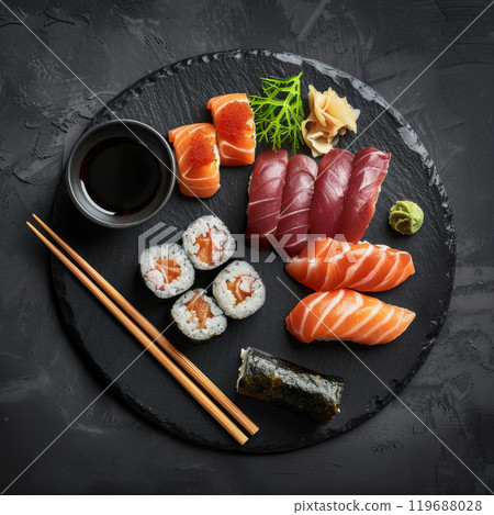 Assorted Sushi Rolls and Nigiri on a Black Slate Plate Assorted Sushi Rolls and Nigiri on a Black Slate Plate 119688028