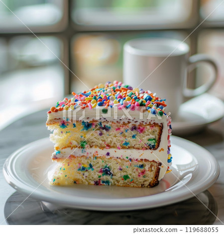 A Slice of Two-Layered Cake Topped with Sprinkles 119688055