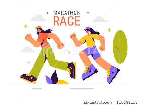 Marathon Race Vector Illustration featuring People Running and Jogging in a Sport Tournament, Racing Toward the Finish Line in a Flat Style Background 119688115