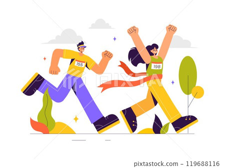 Marathon Race Vector Illustration featuring People Running and Jogging in a Sport Tournament, Racing Toward the Finish Line in a Flat Style Background Marathon Race Vector Illustration featuring People Running and Jogging in a Sport Tournament, Racing Toward the Finish Line in a Flat Style Background 119688116