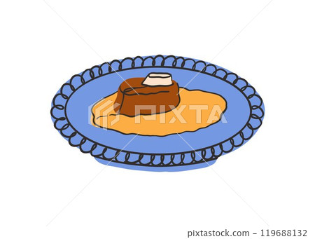 Italian Ossobuco in a flat style. Dish in a deep plate with ornament, handmade ceramics. Vector illustration in modern style 119688132