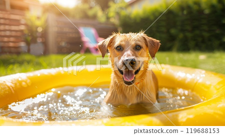 Happy dog splashes in backyard pool 119688153