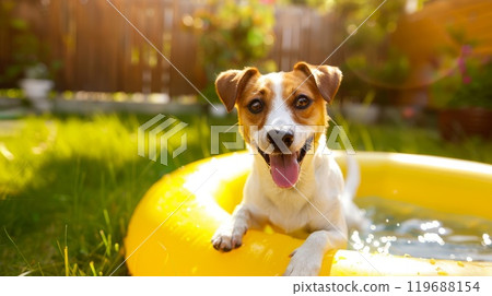 Happy dog enjoys sunny splash 119688154