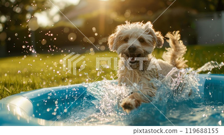 Joyful dog frolics in backyard pool on sunny day 119688155