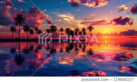 Vibrant reflections enhance tropical sunset paradise scene 119688157