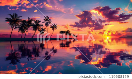 Vibrant reflections adorn tropical sunset paradise setting Vibrant reflections adorn tropical sunset paradise setting 119688159