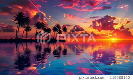 Tropical sunset paradise shimmers with vibrant reflections Tropical sunset paradise shimmers with vibrant reflections 119688160