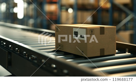 Parcel embarks on journey through automated warehouse conveyor belt 119688177