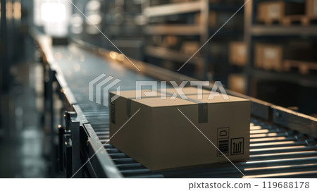 Automated conveyor belt guides parcel on its warehouse journey 119688178