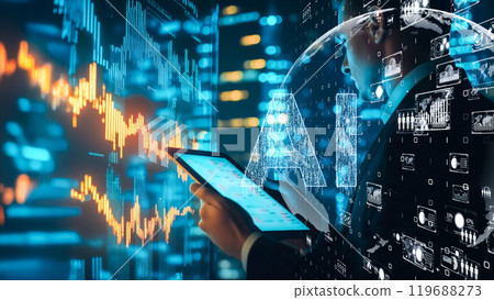 High tech stock market analysis scene with tablet 119688273