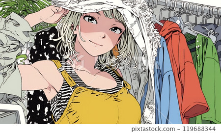 A young woman opening her closet and trying to get changed 119688344