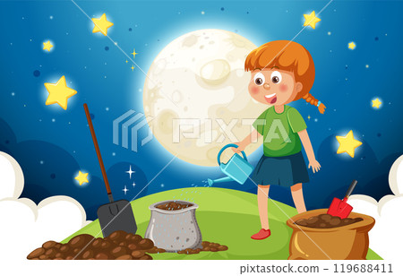 Child Gardening Under the Moonlight 119688411