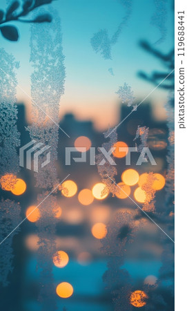 Frosted window pane reflecting soft city lights creating a warm and inviting winter atmosphere. Cozy night concept 119688441