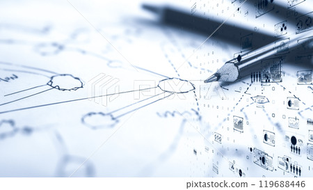 Detailed pencil drawing of futuristic data interfaces and connections in network nodes Detailed pencil drawing of futuristic data interfaces and connections in network nodes 119688446