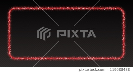 Red glitter frame, shimmering border in rectangular shape, festive holiday sparkles. Christmas decoration. 119688488